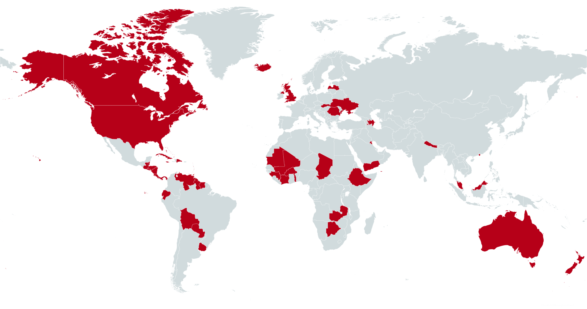 Carte du monde indiquant 75 pays clients de CBN